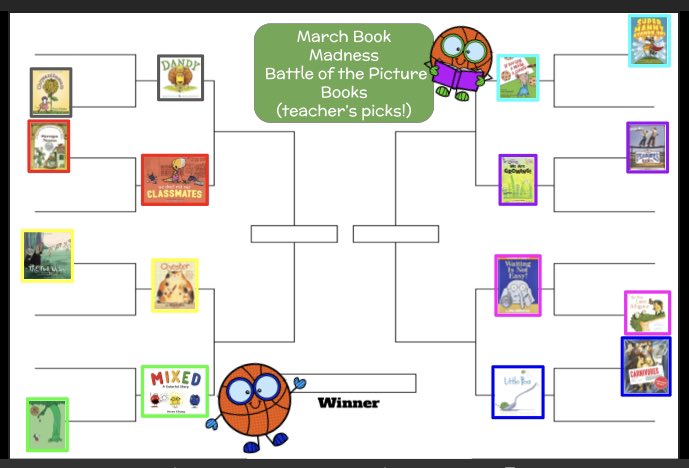 Discover_MV's tweet photo. March Book Madness: Battle of the Picture Books has officially entered the Elite 8 round in the tournament! Visit the MV Media Center website to read the books, or better yet, check them out from the library!! #MVReads #MarchBookMadness https://t.co/kHeamVokdm