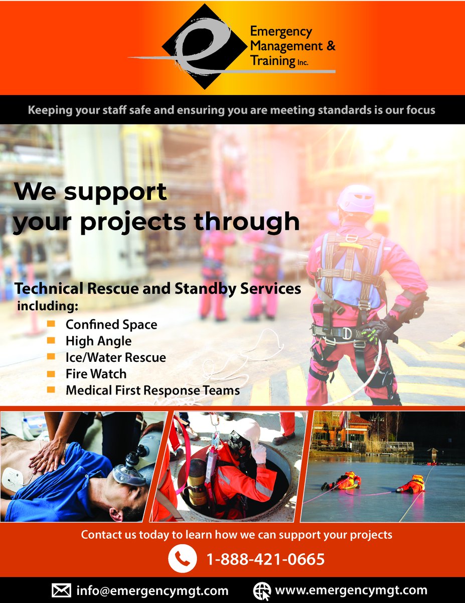 EmergMgt's tweet photo. We support your municipal, construction, and industrial projects through #technicalrescue standby services.
#medicalfirstresponse #highangle #confinedspace #icerescue #waterrescue https://t.co/9CknXyymAs