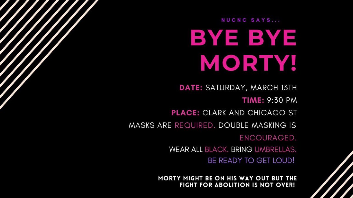 copsoutofNU's tweet photo. we’re baaaaaaaaaaaaaaaaack with marches and morty is on his way out! join us this saturday @ 9:30 @ clark &amp; chicago! 🖤masks REQUIRED, wear all black, and bring umbrellas 🖤 https://t.co/bKk8gwItYa