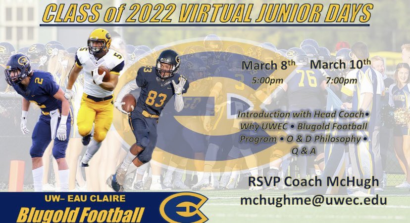 s1imville's tweet image. Had a great time learning about @UWECFootball  tonight! Thank you @Coach_Dickinson and @CoachMcHugh62 for inviting me to today's Junior Day! #BlueGold