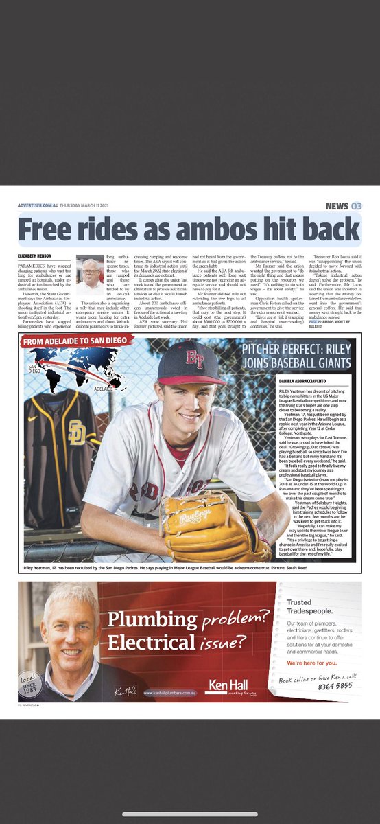 RileyYeatman's tweet photo. @Padres on Page 3 of the local paper here in Aus today. This is crazy! Playoffs this weekend then time to hit the gym and eat eat eat. Hey #PadresTwitter what foods should I be getting used to. I heard the Burritos are the best!!! @RawlingsGloves @ETBCRedsox @Nike @BenAndWoods https://t.co/burvqBTCdg