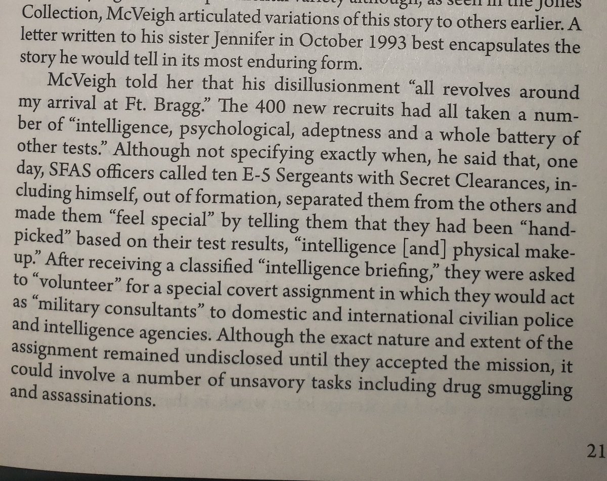 "Even if McVeigh made up the story, his mother and sister seemed to believe it, as evidenced by transcripts of their conversations obtained through bugs hidden in a motel room furnished by the FBI "for (the family's protection)" shortly after Tim's arrest."