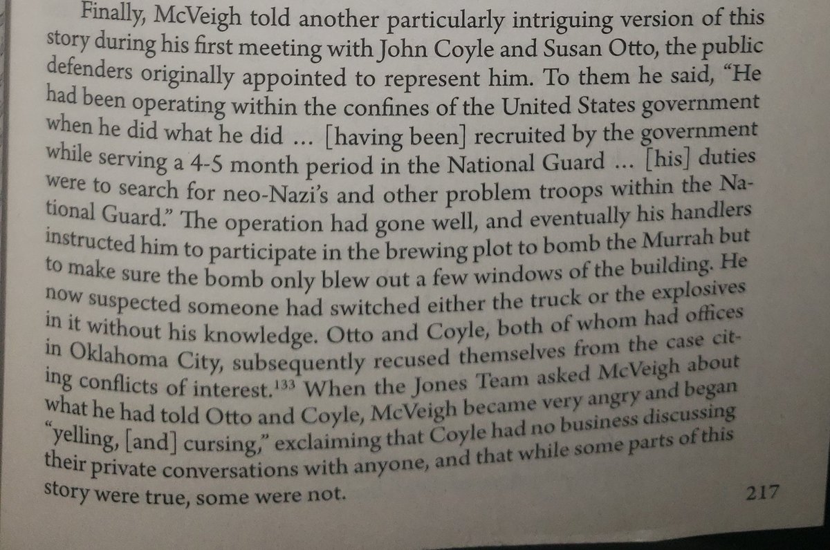 He told a slight variation of that black ops story to his first attorneys, public defenders John Coyle and Susan Otto, saying he was to go undercover into the world of neo-Nazis and far right "Patriots," hence the genesis of the bomb plot.