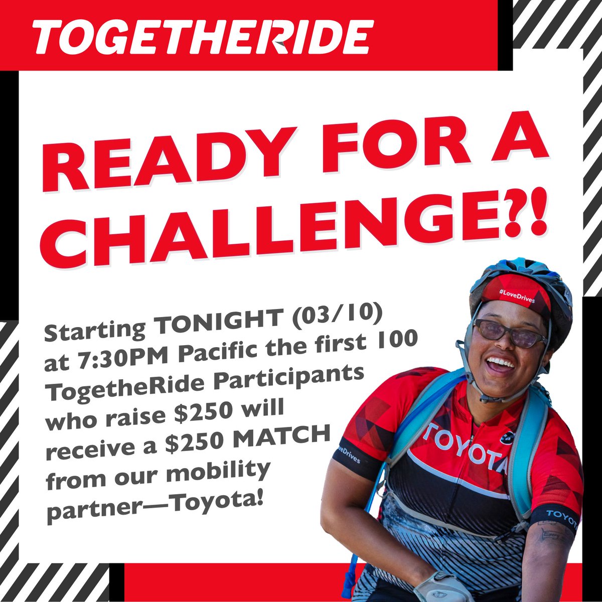TogetheRide's tweet photo. Big news just announced on our IG Live with Paralympian Melissa Stockwell! Starting tonight at 730p PST , the 1st 100 TogetheRide Participants that raise $250 will get their $250 matched by Toyota! 

Keep your eyes on our social media for updates on this challenge https://t.co/UwDdNj7QSl