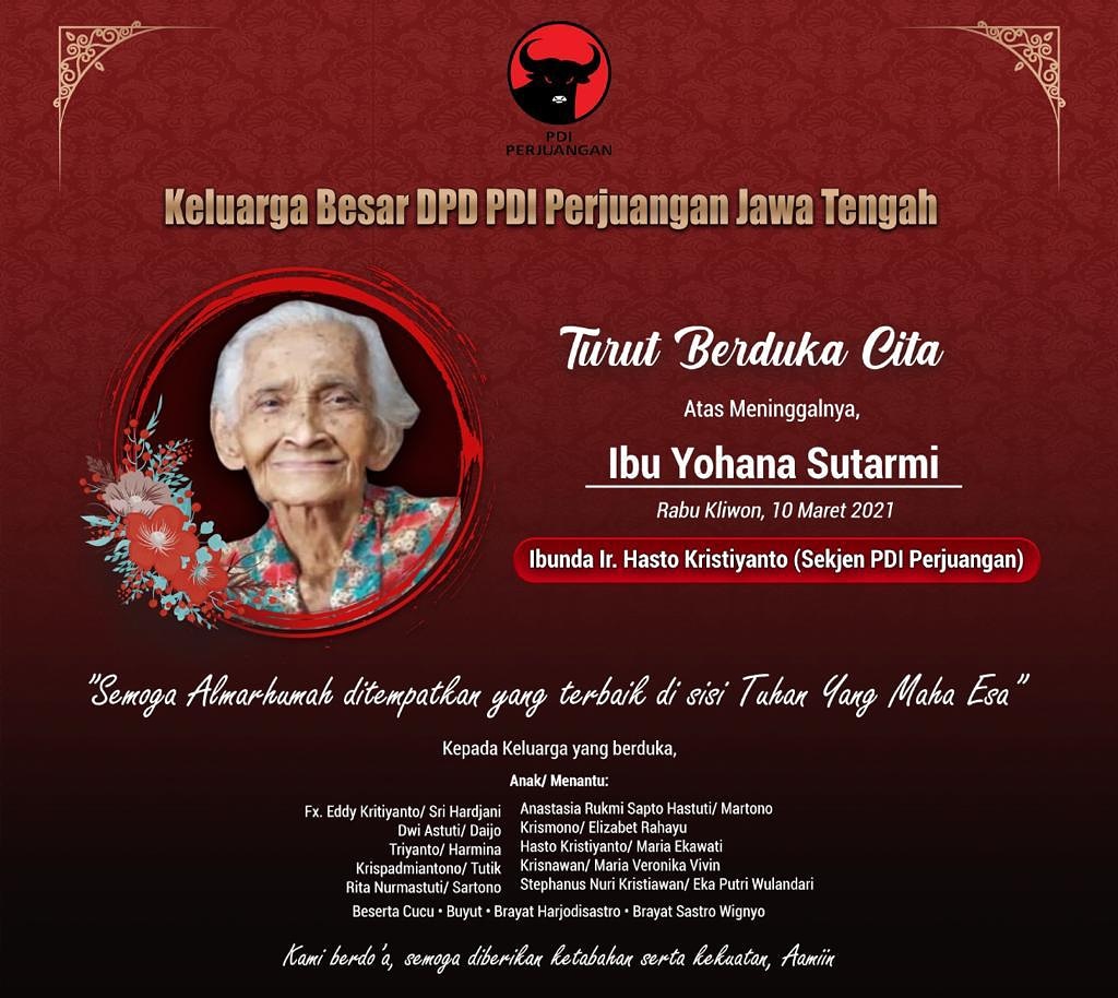 Berita Duka Cita

Telah dipanggil dengan tenang, Ibu Yohana Sutarmi, Usia 88 th (Ibu dr Hasto Kristiyanto, Sekjen DPP PDI Perjuangan).

Mohon doanya, semoga dilapangkan jalannya dan mendapat tempat terbaik di sisi Allah Bapa dalam kebahagiaan kekal abadi di Surga.

#PDIPerjuangan