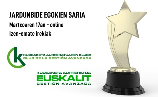 Martxoaren 17an, Jardunbide Egokien Saria izango da. Honako erakunderen esperientziak ezagutu itzazu:
- <a href="/AB_Laboratorios/">A&B Laboratorios de Biotecnología 💚🌱</a> 
- <a href="/caritas_bizkaia/">Caritas Bizkaia</a> Bilbao
- <a href="/artemankomunika/">arteman</a> 
- Donostialdea ESI <a href="/osakidetzaEJGV/">Osakidetza</a> 
- <a href="/axular_lizeoa/">Axular Lizeoa</a> 
- <a href="/ImatekAT/">Imatek Advanced Technologies</a> 

Ixena eman➡ bit.ly/3kqUZPI