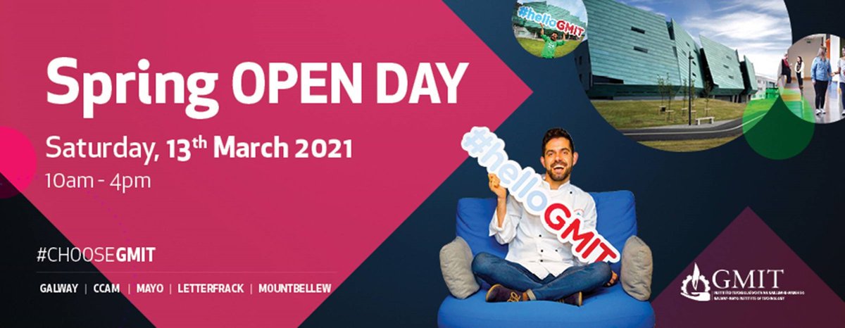 ⏰ Just 2 days until the @GMITOfficial Spring Open Day! #5campuses #Virtual #OpenDay 
Register now at openday.gmit.ie and join us this Saturday from 10am-4pm and #gmitletterfrack staff will be there to answer any of your questions on our programmes or college life :)