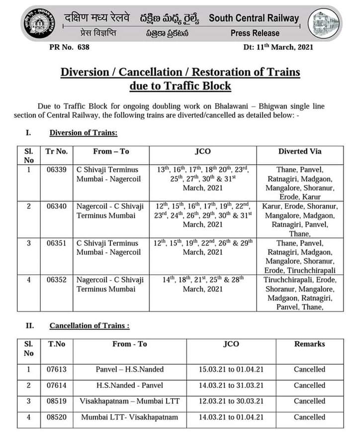 *Sir, please divert 07613/07614 Nanded-Pune-Panvel Special daily Express via Parbhani-Manmad-Daund route from 15.3.2021 to 1.4.2021*
<a href="/PMOIndia/">PMO India</a> <a href="/piyushgoel/">Piyush Goel</a> <a href="/RailMinIndia/">Ministry of Railways</a> <a href="/drmpune/">DRM Pune</a> <a href="/gmscrailway/">General Manager,South Central Railway</a> <a href="/drmned/">Nanded Division</a>