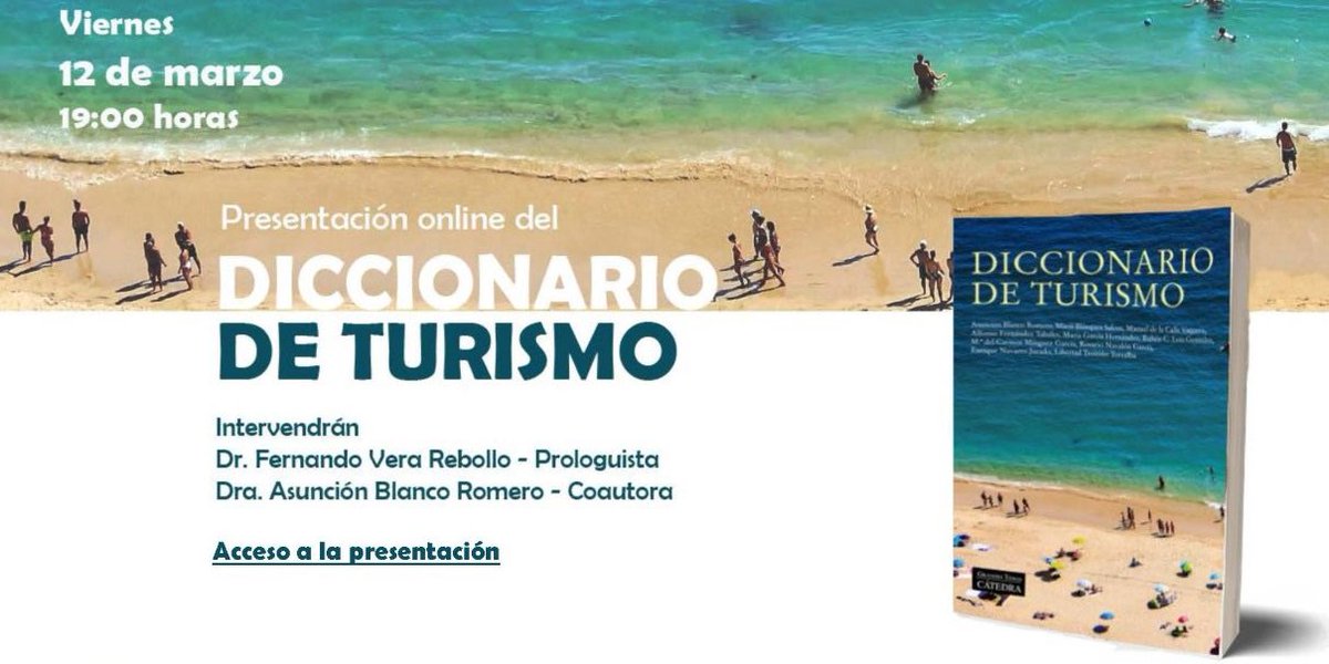 maciablazquez's tweet photo. Tomorrow, @asunblancor and #FernandoVera will present a new #Dictionay of #Tourism here:
https://t.co/12YSFCWdW3…
Please, help us to spread the Hispanic academic literature knowledge!
😃
@TourismJournal @JSustTour @SomTurisme @jmcheer1 @anthfletch @GeografiaUIB @AGE_Oficial https://t.co/gY3KQkRo4V