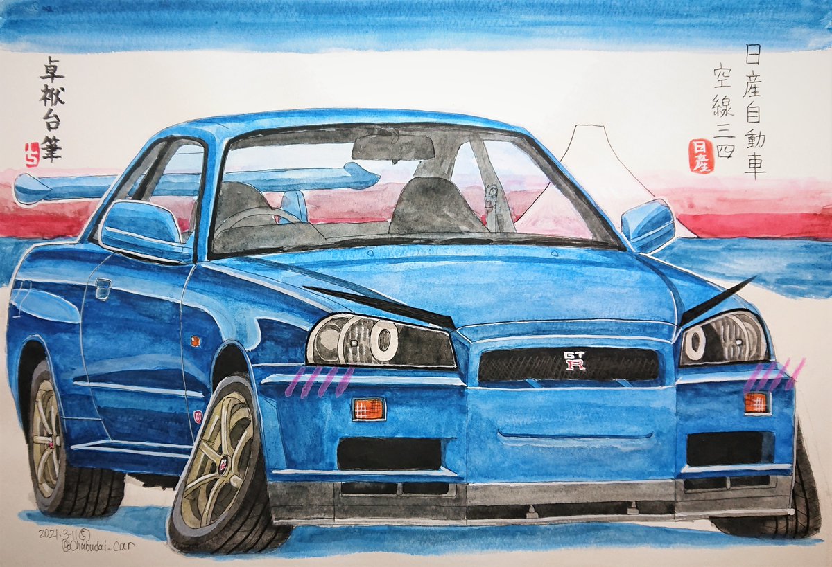R34くんのイラストを描きました！ 歌川広重に触発され浮世絵風にしてみ