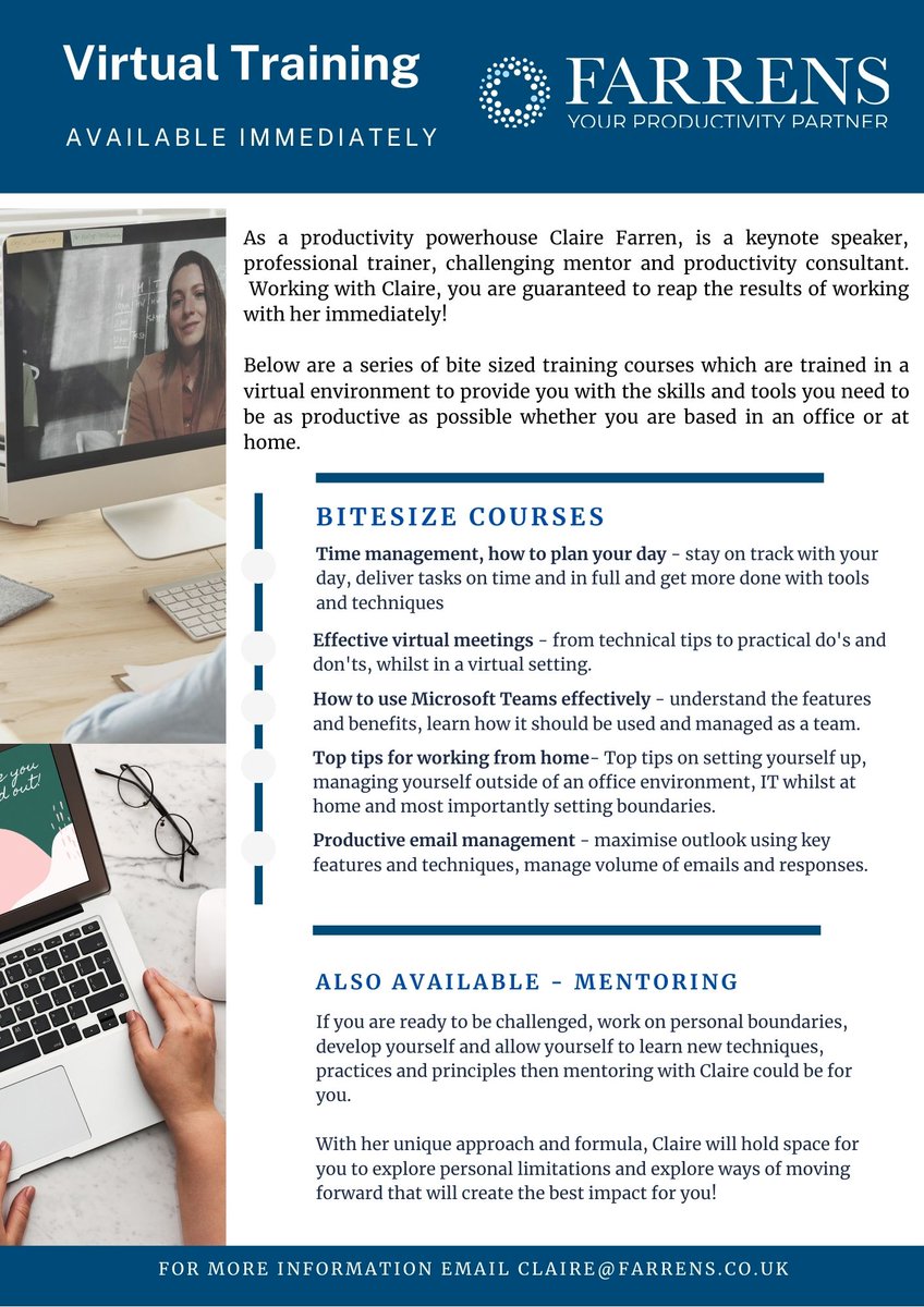 Farrens (@farrensuk) on Twitter photo We have training programmes available immediately!
Please see attached.
If you would like any further information, simply email claire@farrens.co.uk
#farrens #productivitypartner #productivitycoach #productivityexpert #training #mentoring #bitesize #quickandeasy We have training programmes available immediately!
Please see attached.
If you would like any further information, simply email claire@farrens.co.uk
#farrens #productivitypartner #productivitycoach #productivityexpert #training #mentoring #bitesize #quickandeasy