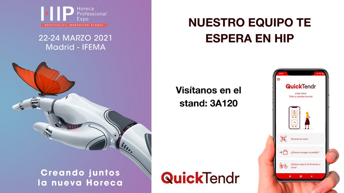quicktendr_es's tweet photo. Como no podía ser de otra manera, del 22 al 24 de marzo el equipo de Quicktendr estará en el HIP 2021. Visítanos en el stand 3A120. Después de un año tan duro para la hostelería y la restauración, no puedes perderte el mayor evento del sector. https://t.co/F1WzlMPmZZ