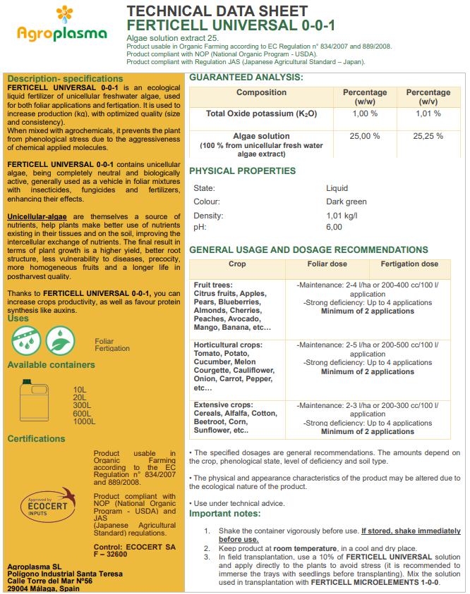 agroplasmaspain's tweet photo. #agroplasmaspain present the technical data sheet of #FERTICELL #UNIVERSAL 0-0-1 is a #natural #extract made of 16 #unicellular #freshwater #algae and #bacteria types, certified by #ECOCERT #fertilizers used both for #foliar applications and for #fertigation in #organic #farming https://t.co/gAenF462VO