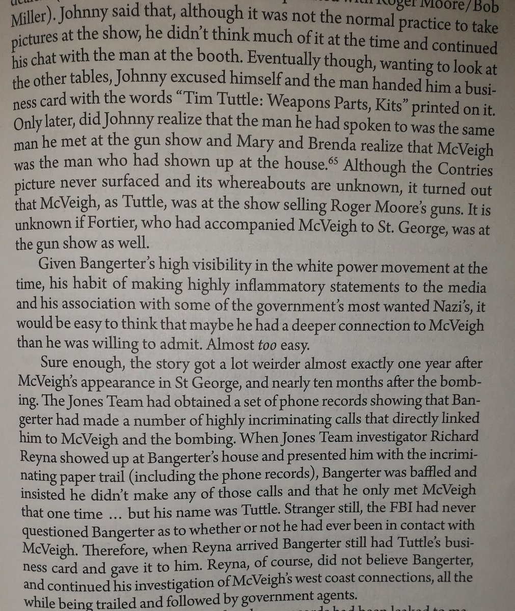 Fast forward to after the bombing. McVeigh's defense team obtained phone records showing Bangerter had made incriminating calls to McVeigh in the leadup to the bombing.  Richard Reyna, an investigator for the defense, showed up to confront him about them.