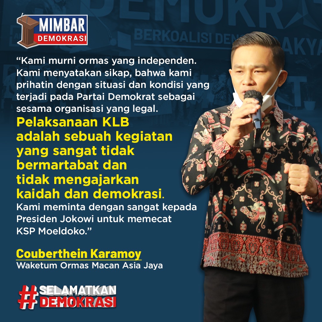 ApayubDe's tweet photo. KLB adalah sebuah kegiatan yang sangat tidak bermartabat &amp; tidak mengajarkan kaidah &amp; demokrasi. Kami meminta dengan sangat kepada Presiden Jokowi untuk memecat KSP Moeldoko." https://t.co/D1XjuVApQM #AHYKetumPD Sikat Begal Demokrat