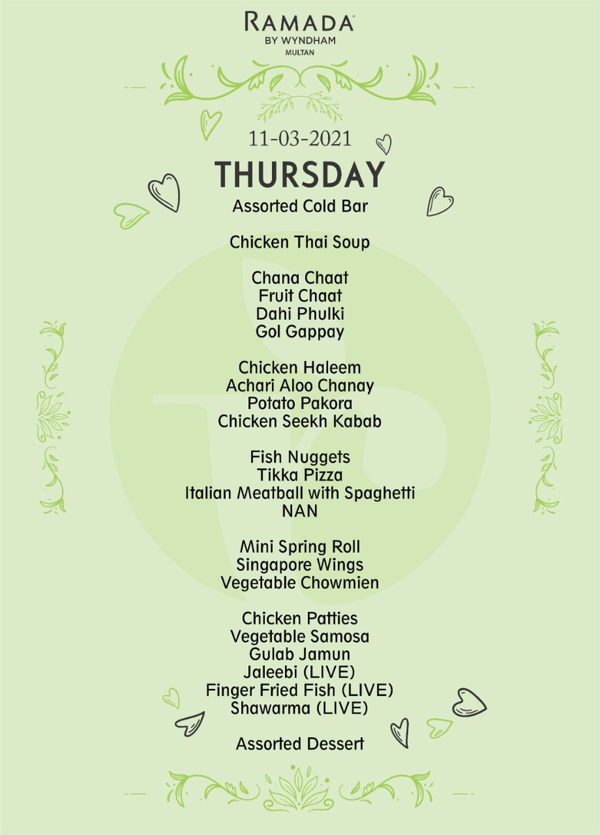RamadaMultan's tweet photo. Ramada By Wyndham Multan Bringing to you Today’s buffet menu
serving from 12.00pm till 11.30pm!
For further queries comment down below or DM us!
To make a reservation contact us at 03236407777 https://t.co/ETq9AstVW1