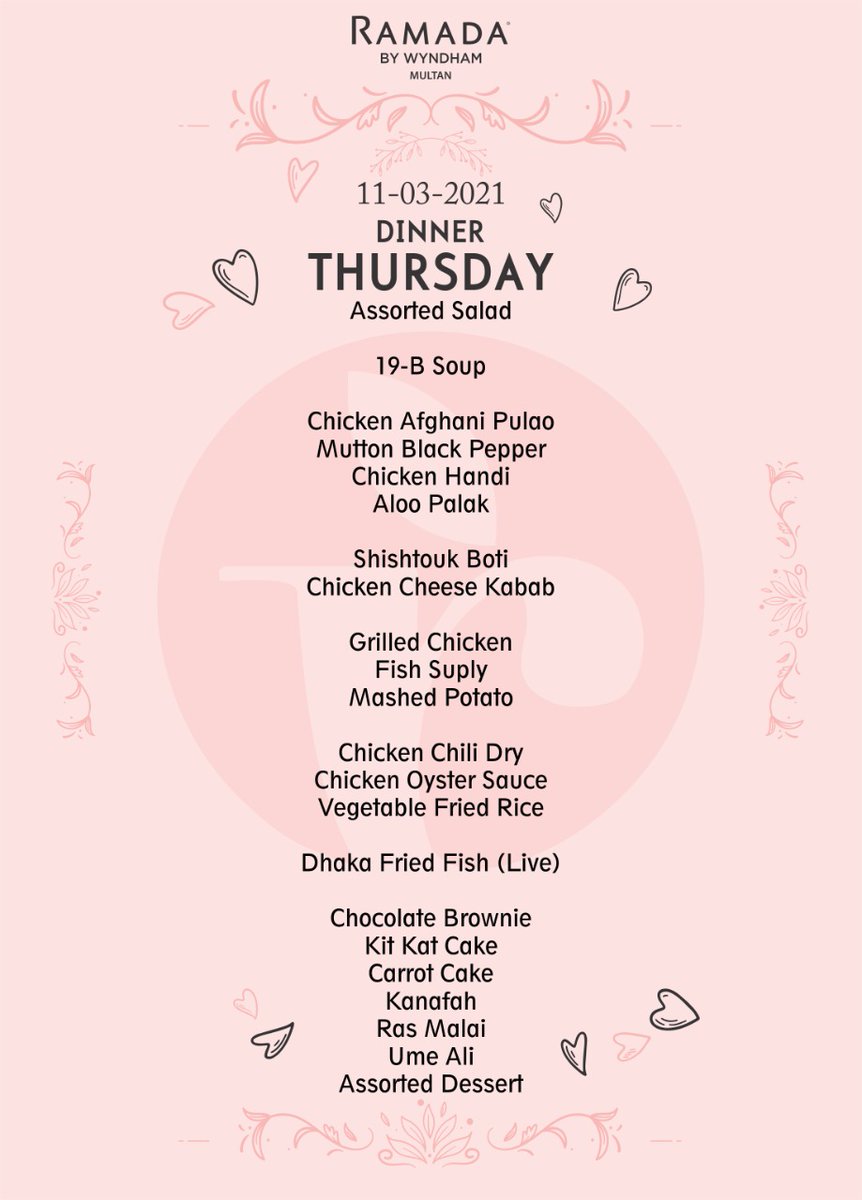 RamadaMultan's tweet photo. Ramada By Wyndham Multan Bringing to you Today’s buffet menu
serving from 12.00pm till 11.30pm!
For further queries comment down below or DM us!
To make a reservation contact us at 03236407777 https://t.co/ETq9AstVW1