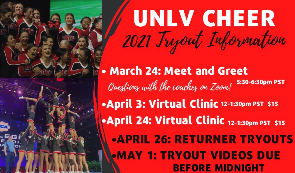 2021 Virtual Clinic &amp; Tryout Information❤️ for more information and requirements check unlvcheer.com and follow UNLVCHEER on Instagram for updates!