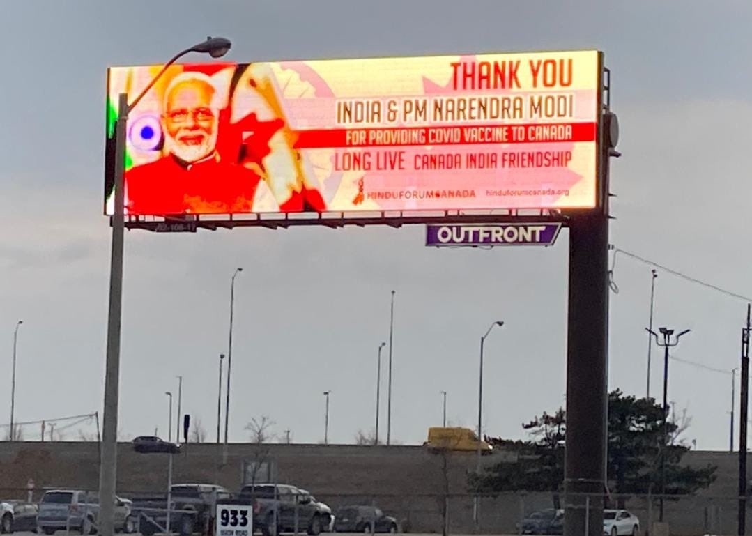 ashishsood_bjp's tweet photo. #Billboard in #Toronto thanking our PM Shri @narendramodi ji for supplying vaccines to Canada. Proud Indian 🇮🇳 @blsanthosh ji @JPNadda ji https://t.co/IJP3DVqVus
