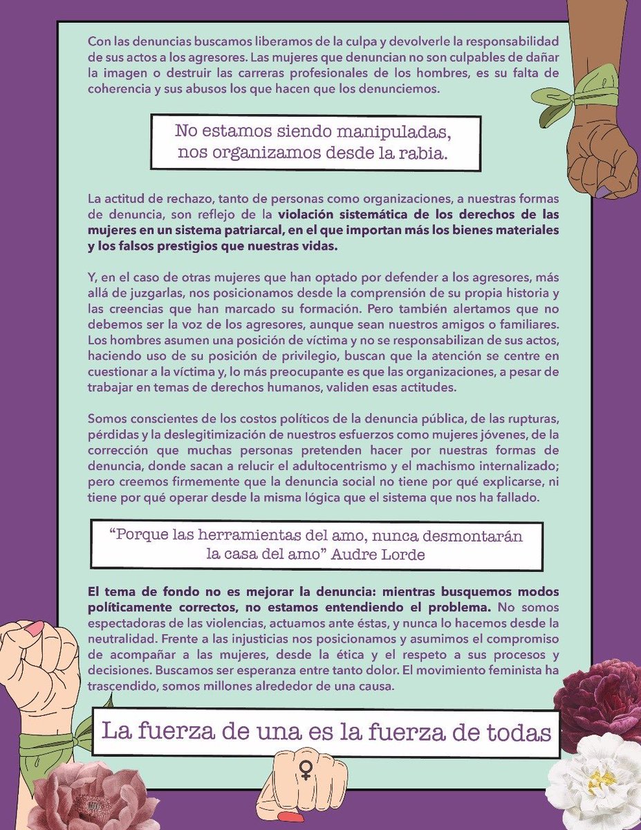 No más silencio

Nos cuidan las amigas que denuncian de todas las formas posibles, para que otras sepamos quiénes son los agresores que hay a nuestro alrededor.  ✊🏽💜💚