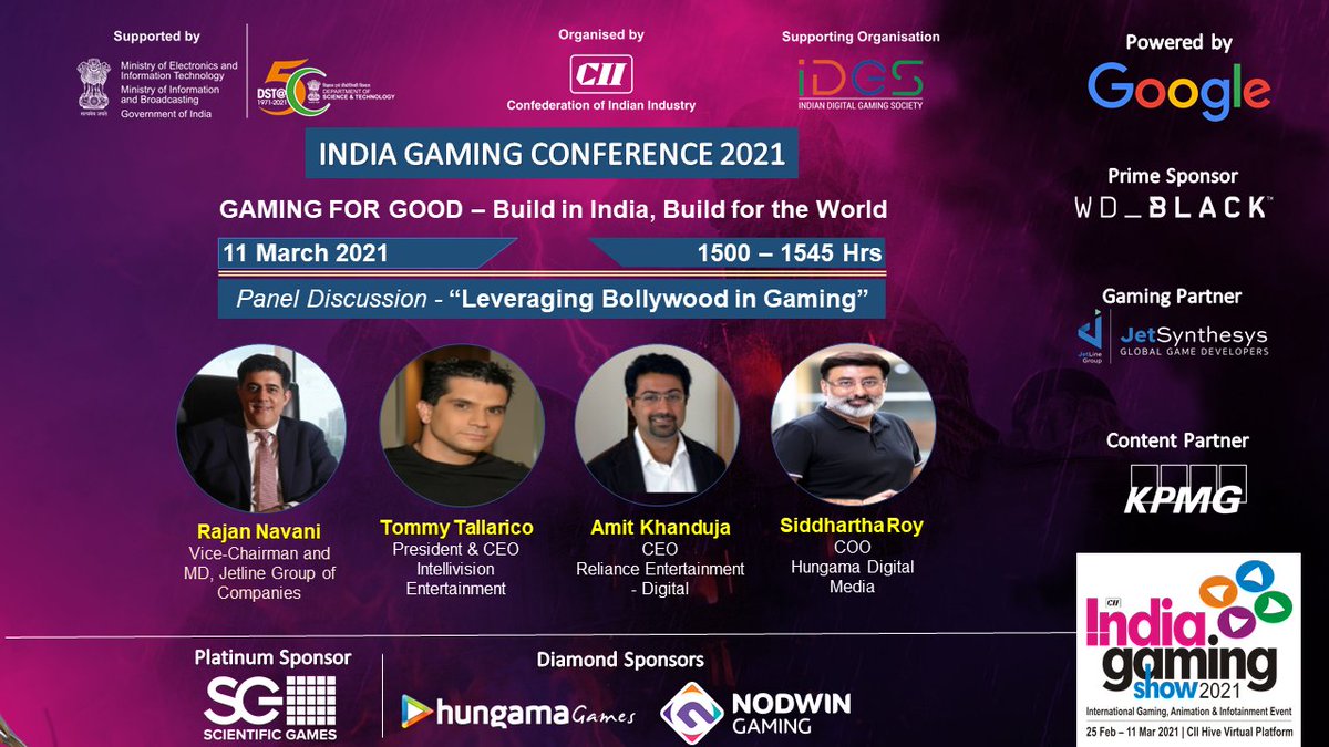 IndiaGamingSh's tweet photo. Upcoming Session: “Leveraging Bollywood in Gaming”
Watch Live today at https://t.co/pNS844AHbi from 1500 hrs.
 #gaming #Bollywood #IGS2021
@wd_black @GoogleIndia  @JetSynthesys @KPMGIndia @ScientificGames @HungamaDigital @NodwinGaming @RelianceEnt @PublicistNetwrk https://t.co/1dDxkqFCRD