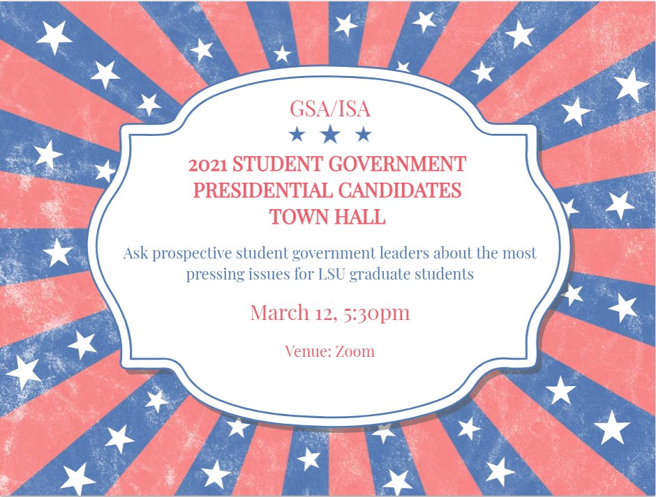 lsugsa's tweet image. Don't miss the chance to ask prospective student government leaders about their positions on issues concerning graduate and international students. If you'd like to join us, contact GSA here to request Zoom link.

We'll see you there!