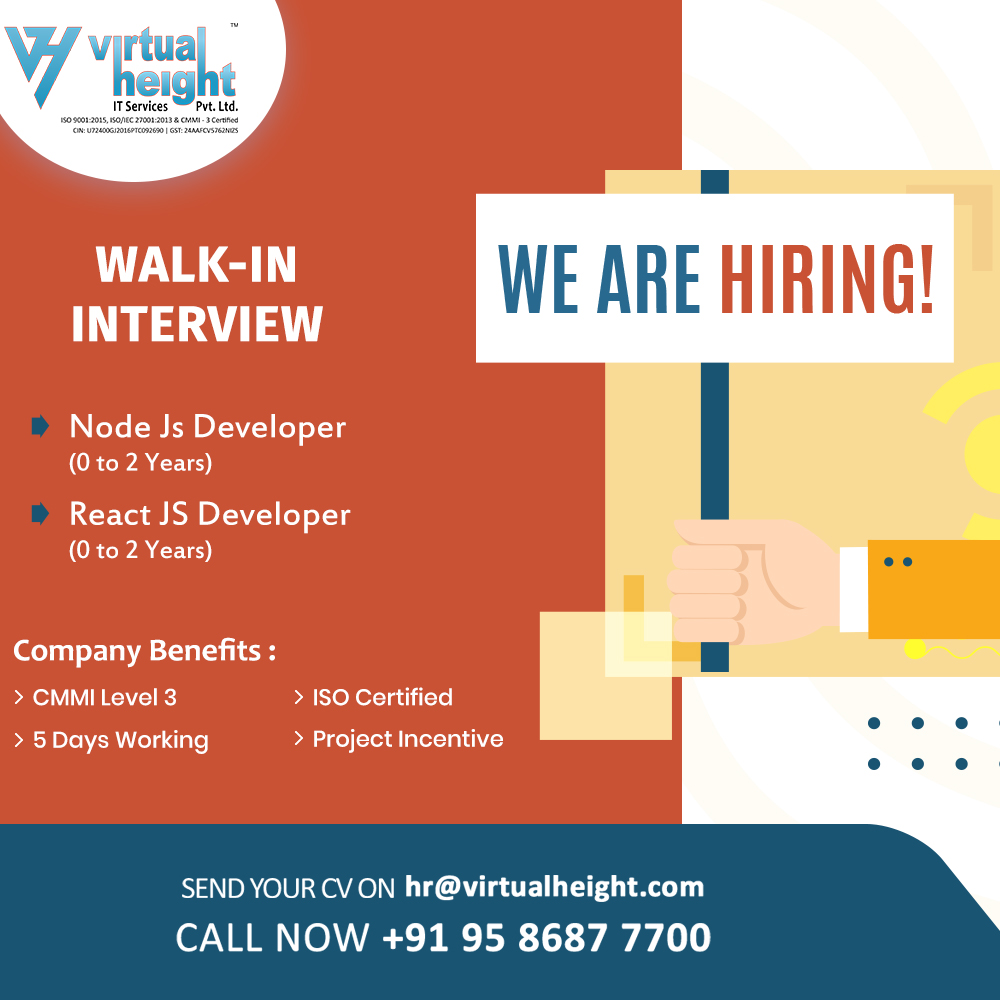 VirtualHeight's tweet photo. Virtual Height IT Services Private Limited is hiring 'Node Js & React Js Developers' for Ahmedabad Location.
#Experience: (0 to 02 Years)
JOIN US FOR AN ON THE SPOT INTERVIEW
#Nodejs #reactjs #hiring #itdevelopers #hiringalert #ahmedabad #virtualheight #LifeAtVirtualHeight https://t.co/arlzXpkd68