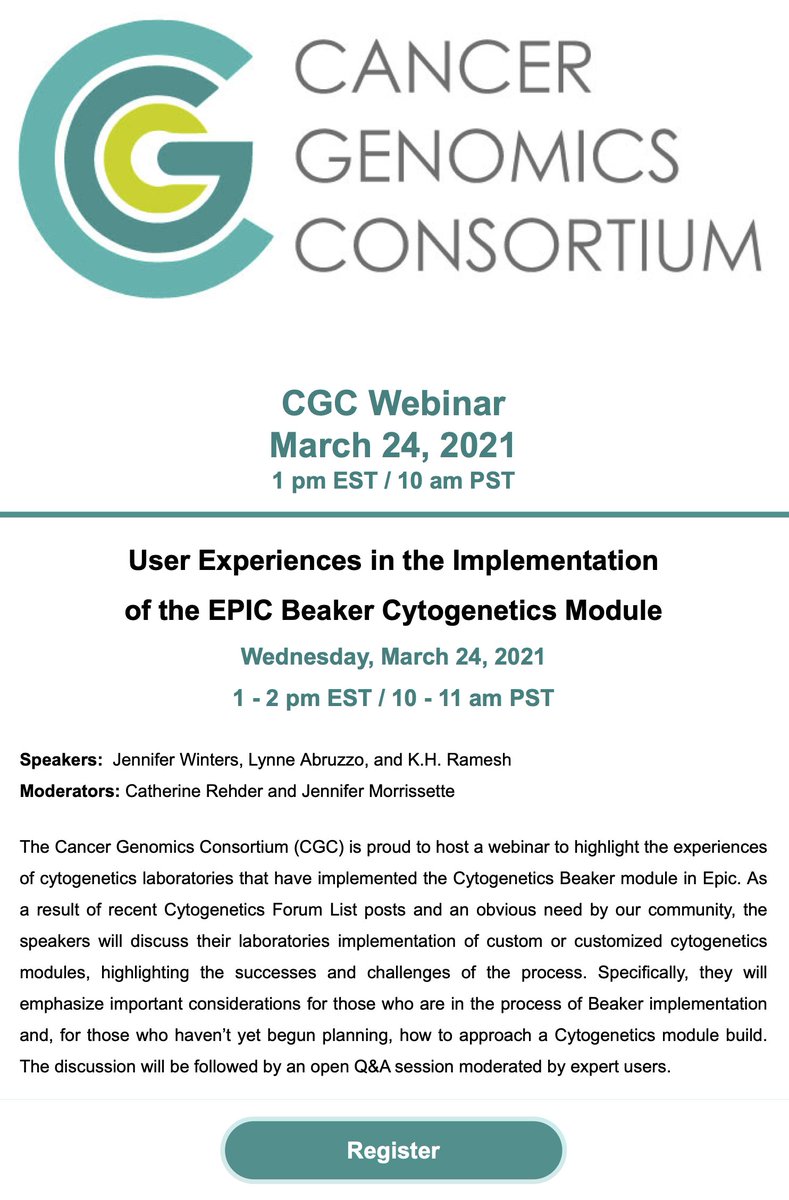 Join us for the next #CGCWebinar, when Jennifer Winters, Lynn Abruzzo and K.H. Ramesh will talk about User Experiences in the Implementation of the EPIC Beaker Cytogenetics Module, Mar 24 2021 at 1PM EST (10AM PST). mms.cancergenomics.org/members/evr/re…
