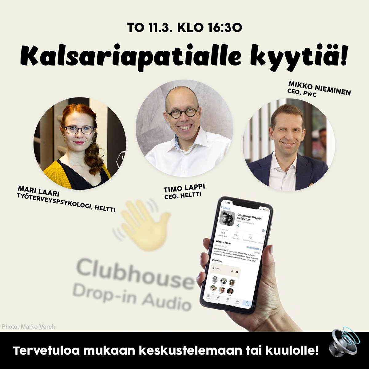 HelttiHealthy's tweet photo. Heltin tj. @tilapit ja työpsykologi @Mariellaari harjoittelevat klo 16:30 alkaen Clubhousen käyttöä PwC:n tj. @mjjnieminen kanssa puhuen koronarajoitusten ja etätöiden lieveilmiöstä, kalsariapatiasta. Tervetuloa mukaan! ➡️ https://t.co/9BuLdofDU9 #kalsariapatia #etätyö #clubhouse https://t.co/4RjdAMtG8u