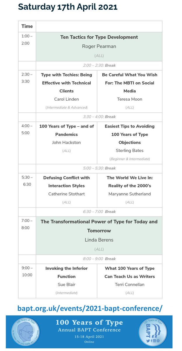 BritPsychType's tweet photo. Here's Day 3 of the @britpsychtype conference! Speakers include: Roger Pearman, @carolalinden @JohnHackston @SterlingBates @CatherineStoth1 @LindaBerens @PersonalityNZ + @writingquietly All sessions across the 4 days recorded! Join us: https://t.co/3laer8sGJr https://t.co/9q52M3vZCn
