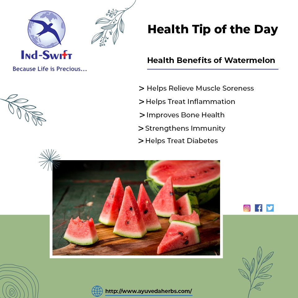 indswiftchd's tweet photo. Watermelon is a sweet and refreshing low calorie summer snack. It provides hydration and also essential nutrients, including vitamins, minerals, and antioxidants.

#HealthTip #StayHealthy https://t.co/ImhVDyLnH0