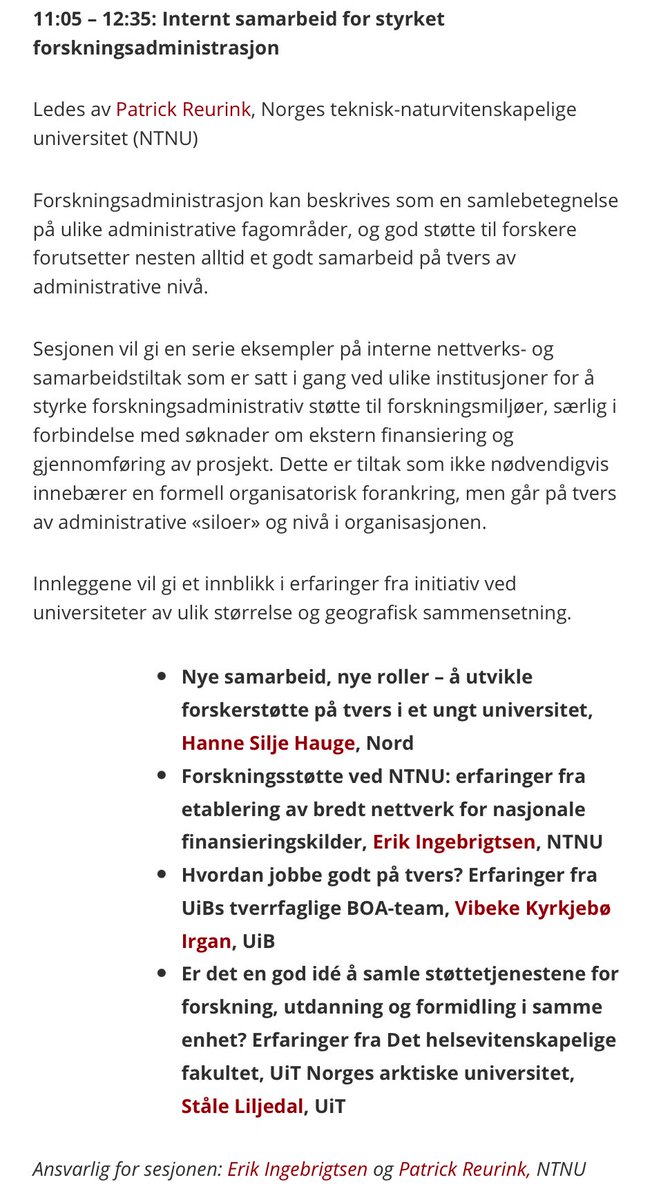 Hvordan styrke forskningsstøtte gjennom økt og bedre samarbeid på tvers? Tema på #narma2021 i dag med innlegg fra <a href="/hanne_silje/">Hanne Silje Hauge</a> <a href="/Norduniversitet/">Nord universitet</a>, <a href="/eriking72/">Erik Ingebrigtsen</a> <a href="/NTNU/">NTNU</a>, <a href="/vibeke_irgan/">Vibeke Irgan</a> @uib og Ståle Liljedal <a href="/UiTromso/">UiT | University of Tromsø</a> - gleder meg til sesjonen! Les mer på narma.no og 🔽