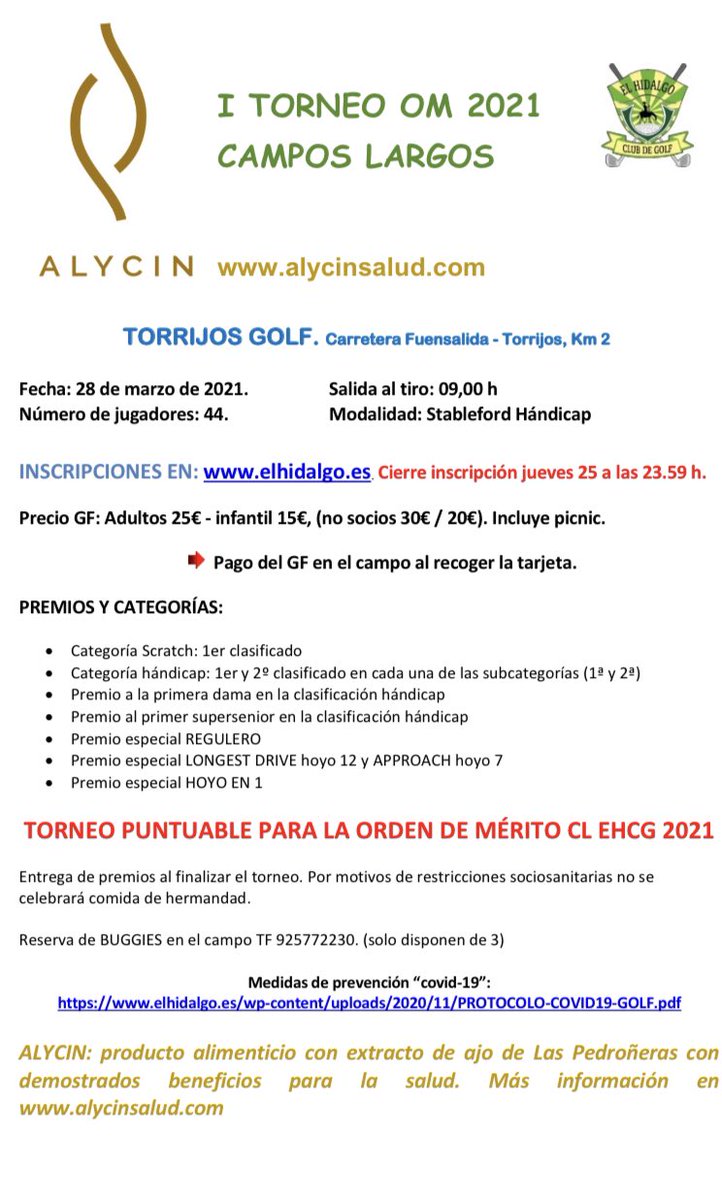 Alycin apoya el deporte patrocinando el

“I TORNEO ALYCIN OM CAMPOS LARGOS 2021”

Alimentación y deporte dos pilares para mantener una buena salud

Apúntate aquí 👉 elhidalgo.es/proximos-torne… en la web de <a href="/ElHidalgoGolf/">El Hidalgo Club Golf</a> 

Conoce los productos Alycin aquí 👉alycinsalud.com/tienda-product…