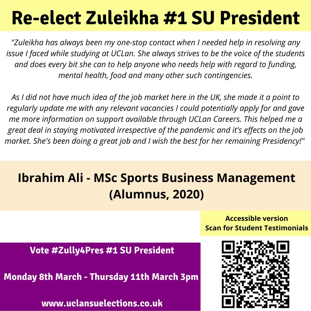 Student Testimonials 🗣3/3

Accessible version
(alternative text) in my bio 🔗

1. Samiya Rahman - <a href="/UCLanWFutsal/">UCLan Women's Futsal Club</a> 

2. Husna Qureshi - BSc Biomedical Science student 

3. Ibrahim Ali - <a href="/uclansptbusmgt/">UCLan SptBusMgt</a> 

Voting closes 3pm TODAY! 🗳

#Zully4Pres #CareAboutYourVote