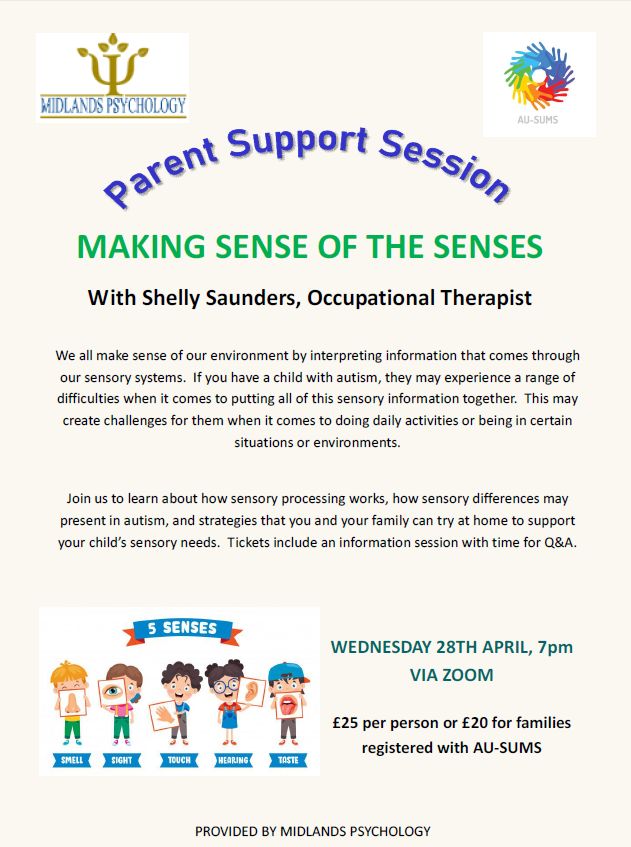 Parent support session coming in April...."Making Sense of the Senses" with our Occupational Therapist, Shelly 🙂
Interested? Drop us an email - enquiries@midlandspsychology.co.uk #Autism #AutismAwareness #OccupationalTherapy