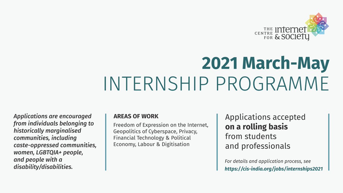 Our Remote #Internship Programme is now open! We are accepting applications on a rolling basis, from both professionals and students.
Apply for an opportunity to work with researchers on a range of Internet, and tech-policy related areas.
#InternshipAlert
cis-india.org/jobs/internshi…