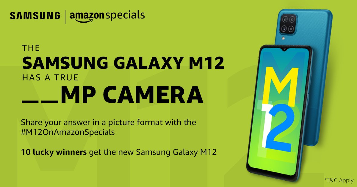 amazonIN's tweet photo. A creative perspective can help you win big! Answer the question with the most creative picture and don't forget to use #M12OnAmazonSpecials. 10 lucky winners stand a chance to win the all-new Samsung Galaxy M12.
Contest ends on 11 Mar'21 at 8PM. https://t.co/OoalnEPBtZ