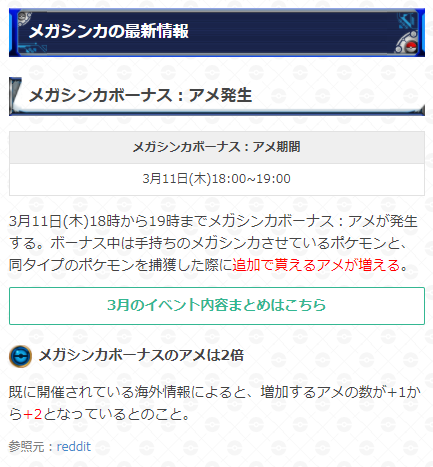 O Xrhsths ポケモンgo攻略 Gamewith Sto Twitter 既にボーナスが発生した海外の情報によると メガシンカボーナス アメ 期間中に追加でもらえるアメは 1から 2に増えるとのことです 日本ではボーナスは18時から19時までの発生となっております メガシンカの詳細は
