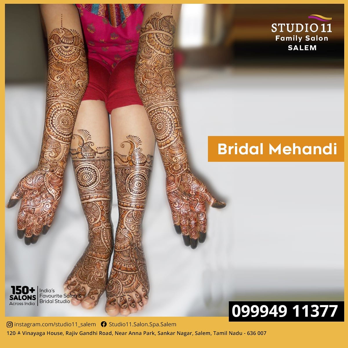 Bridal Mehandi!

Studio 11, 
Sankar Nagar, Anna Park, 
Salem - 636 007. 

Call for Appointment: +91 999 49 11 377

#studio11;#salem; #beautysalons  #salonnearme;#topsalon;#mehandi ;#bridalmehandi