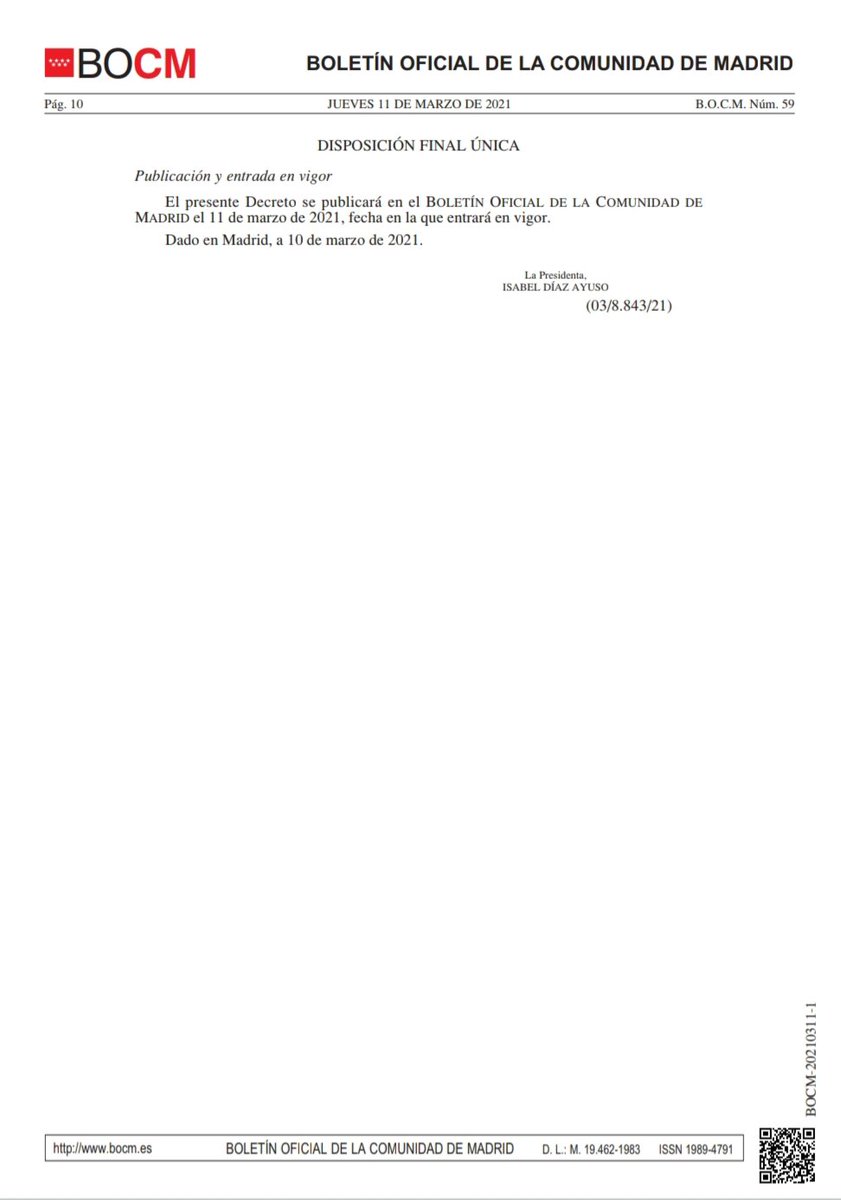 🔴 El Boletín Oficial de la Comunidad de Madrid (BOCM) publica el Decreto 15/2021, de 10 de marzo, de la Presidenta de la Comunidad de Madrid, de disolución de la Asamblea de Madrid y de convocatoria de elecciones.