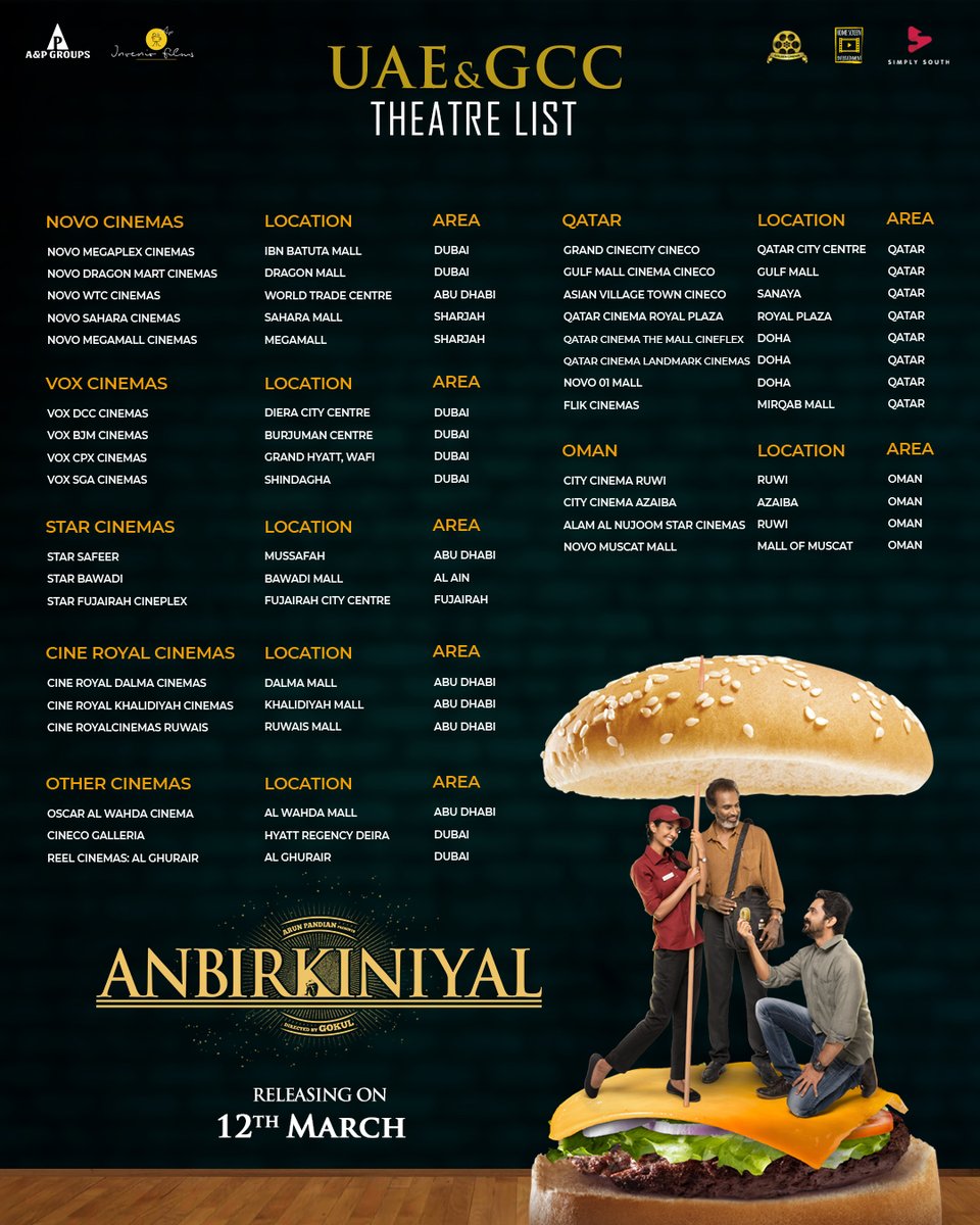 Here's the theatre list for #Anbirkiniyal, releasing in the UAE & GCC on 12th March! @iarunpandianc | @iKeerthiPandian | @praveenraja0505 | @DirectorGokul | @javeddriaz @AandPgroups #InvenioFilms #AnbirkiniyalFromMarch12