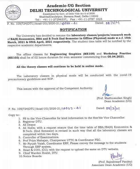 Notification regarding IInd semester classes 2021