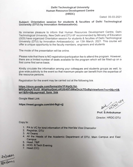 Orientation session for students &amp; faculties of DTU by innovation ambassador(s)