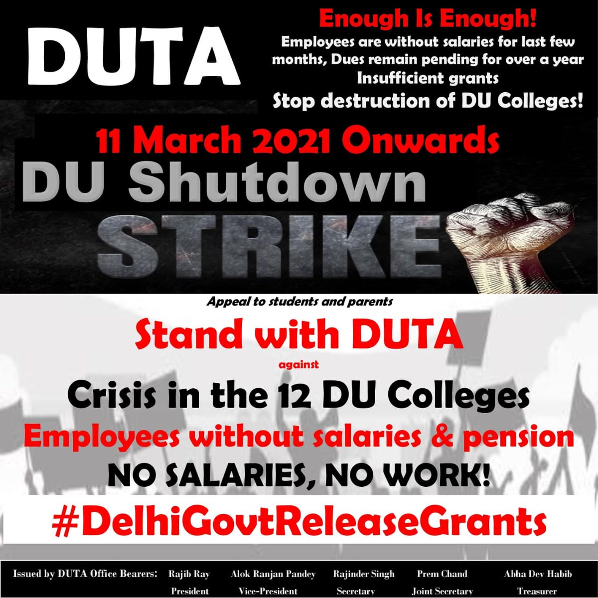 #DelhiGovtReleaseGrants
No Salaries, No Work! 
Teachers &amp; staff of 12 Colleges have worked  without regular salaries. In many units, employees are without salaries &amp; pension for last 6 months. Employees are in depression! #StandwithDUTAStrike <a href="/RajibRaydu/">Rajib Ray</a> 

<a href="/ArvindKejriwal/">Arvind Kejriwal</a>