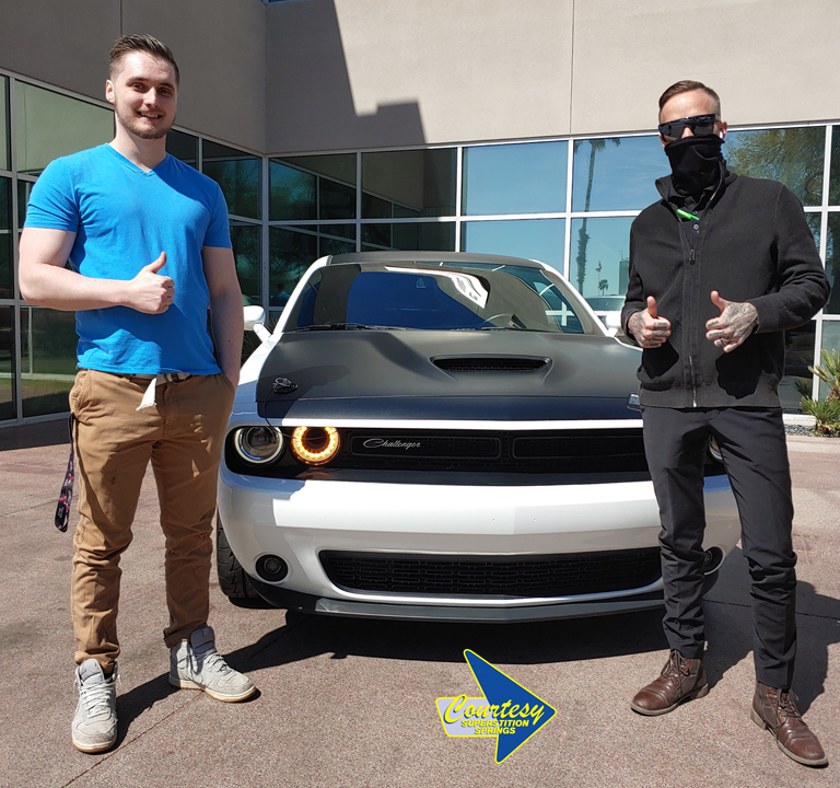 CourtesyCDRSS's tweet photo. Thumbs up 👍 for Dillon Pennell on this 2018 #DodgeChallenger T/A with a Hemi engine #MuscleCar, assisted by Sean MacDonald. Interested in a great deal on a new or quality pre-owned #CourtesyCDJRSuperstitionSprings vehicle? Call Seanat 480-569-2991. #TheCourtesyWay #SeanMac4aCDJR https://t.co/D2SPYfpxX4