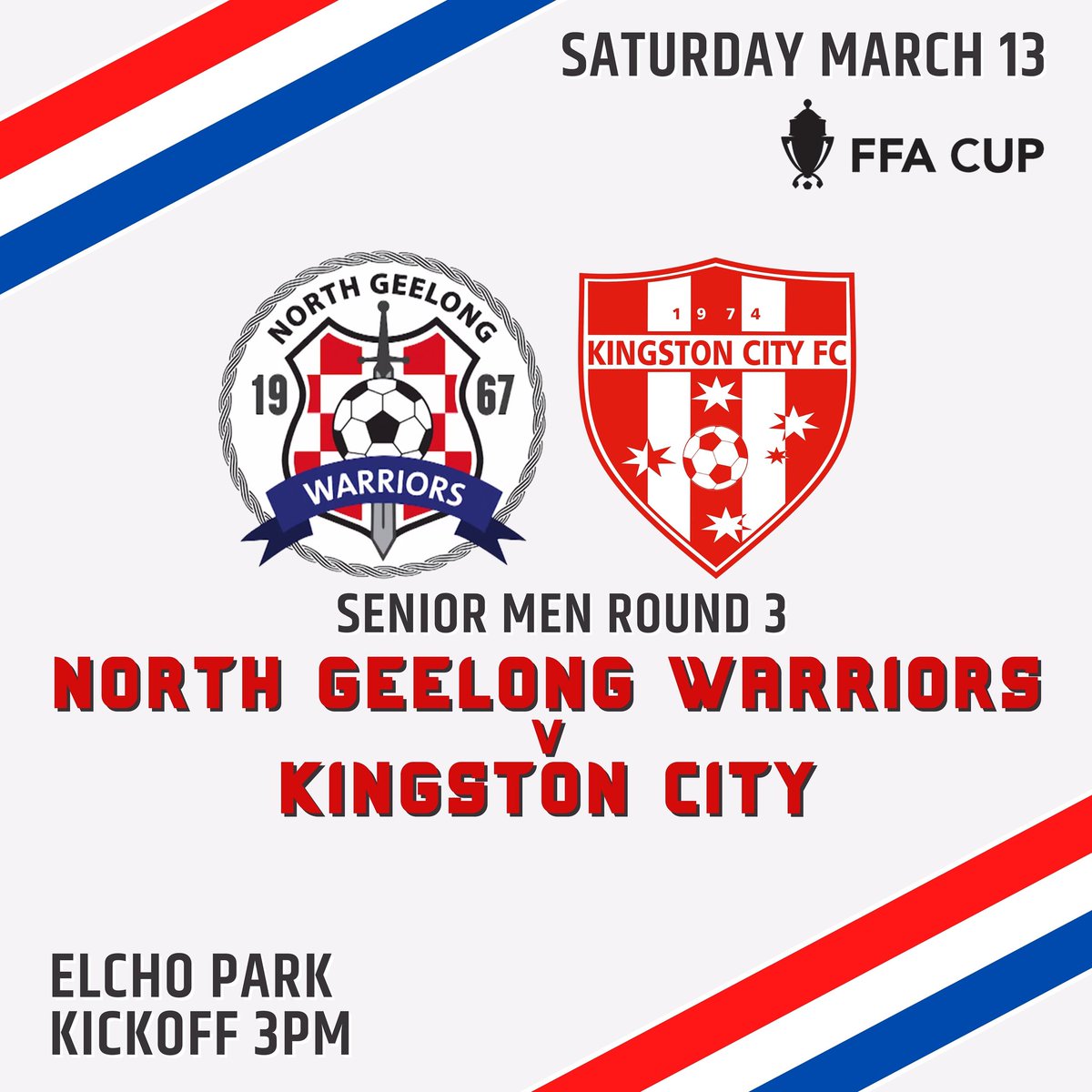 🏆SATURDAY CUP ACTION▪︎FFA CUP‼️

WARRIORS Senior Men will compete in Round 3️⃣ in the @FFACup on Saturday March 13 at Elcho Park taking on fellow #NPL2 outfit 🆚️ <a href="/KingstonCityFC/">Kingston City FC</a>. 

🔴⚪🔵

#WarriorPride