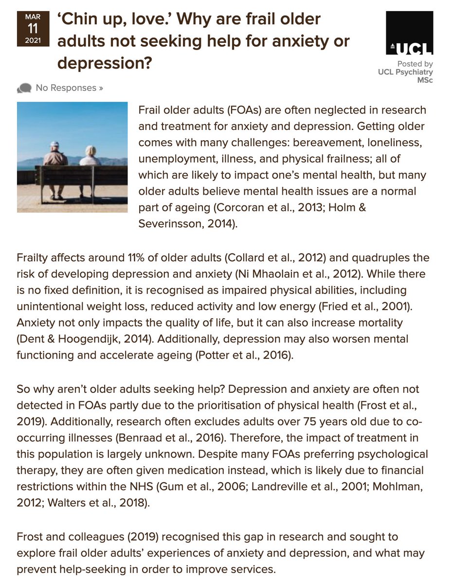 The Mental Elf (@mental_elf) on Twitter photo Today a group of <a href="/MentalhealthMSc/">UCL Mental Health Sciences MScs</a> students (inc. <a href="/GBundies/">Gabriel Luiz Bundies</a> <a href="/h_butterworth/">Hannah Butterworth</a> <a href="/leilahamza_/">Leila</a> <a href="/aishah__haris/">Aishah Madinah Haris</a> <a href="/anne_hendy/">Anne Sophia Skjold Hendy</a> @TamaraShort_) summarise a qualitative study on supporting frail older adults with anxiety or depression.
Great blog everyone!
elfi.sh/3v7Yb7Y Today a group of <a href="/MentalhealthMSc/">UCL Mental Health Sciences MScs</a> students (inc. <a href="/GBundies/">Gabriel Luiz Bundies</a> <a href="/h_butterworth/">Hannah Butterworth</a> <a href="/leilahamza_/">Leila</a> <a href="/aishah__haris/">Aishah Madinah Haris</a> <a href="/anne_hendy/">Anne Sophia Skjold Hendy</a> @TamaraShort_) summarise a qualitative study on supporting frail older adults with anxiety or depression.
Great blog everyone!
elfi.sh/3v7Yb7Y