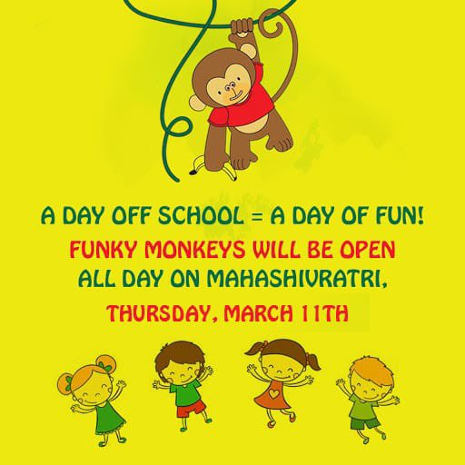 funkymonkeysBOM's tweet image. Happy Maha Shivratri! Our centers are open all day today for playtime. (lower parel center is open till only 5 pm). We look forward to seeing you all soon 😊 #funkymonkeysplaycenter #funkymonkeys #playtime #kids #kidsfun #indoorplayarea