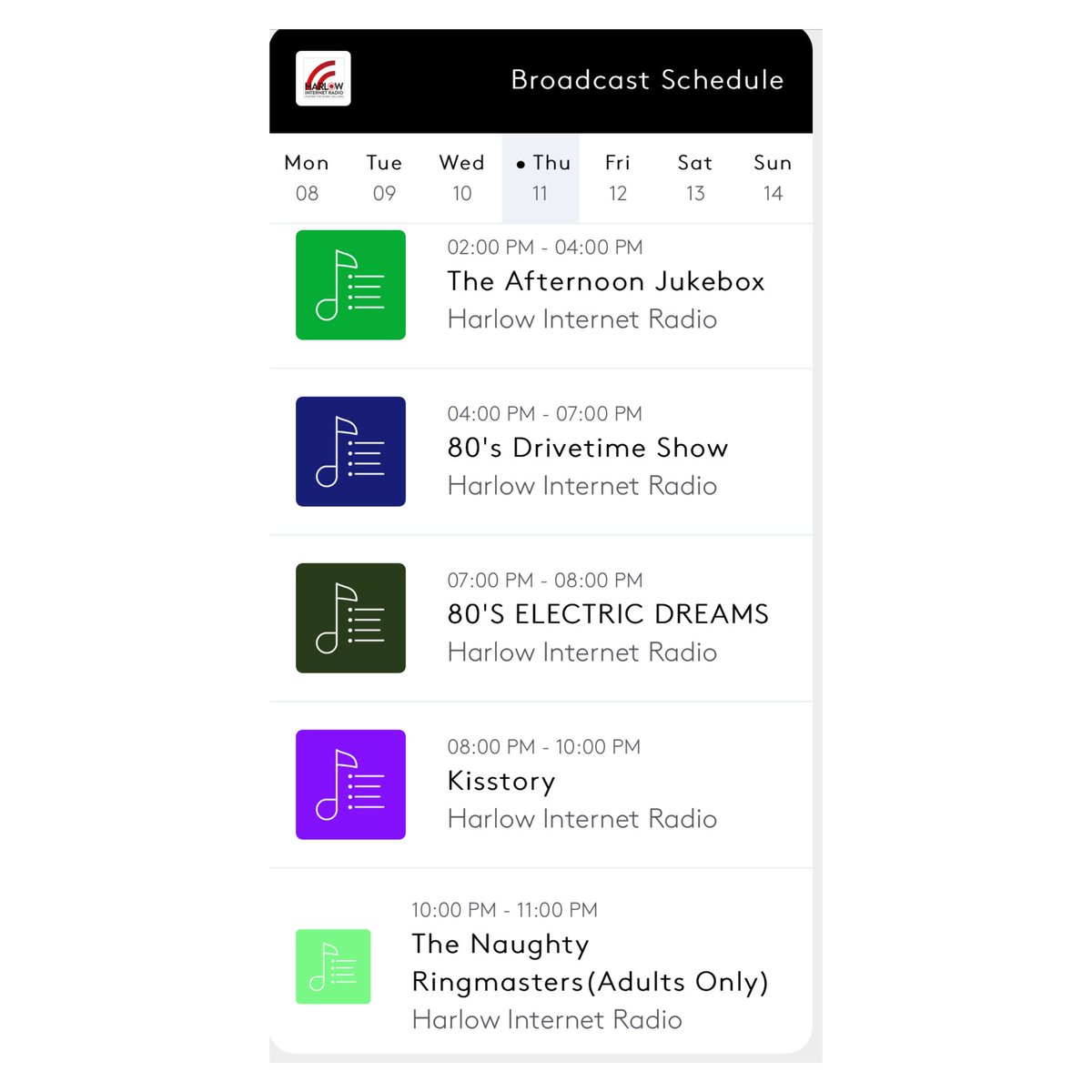 Today’s schedule on #harlowinternetradio #harlow #radio #90s #80s #kisstory