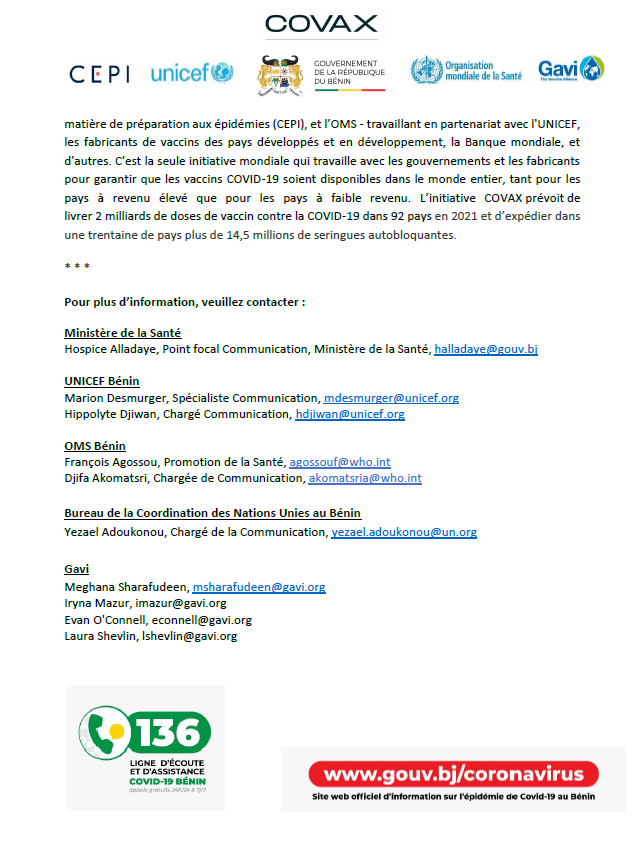 Communiqué Conjoint relatif à la réception par le Bénin le mercredi 10 mars 2021 de 144.000 doses du vaccin contre la Covid-19 à l'aéroport de Cotonou.
#wasexo #Covid19bj